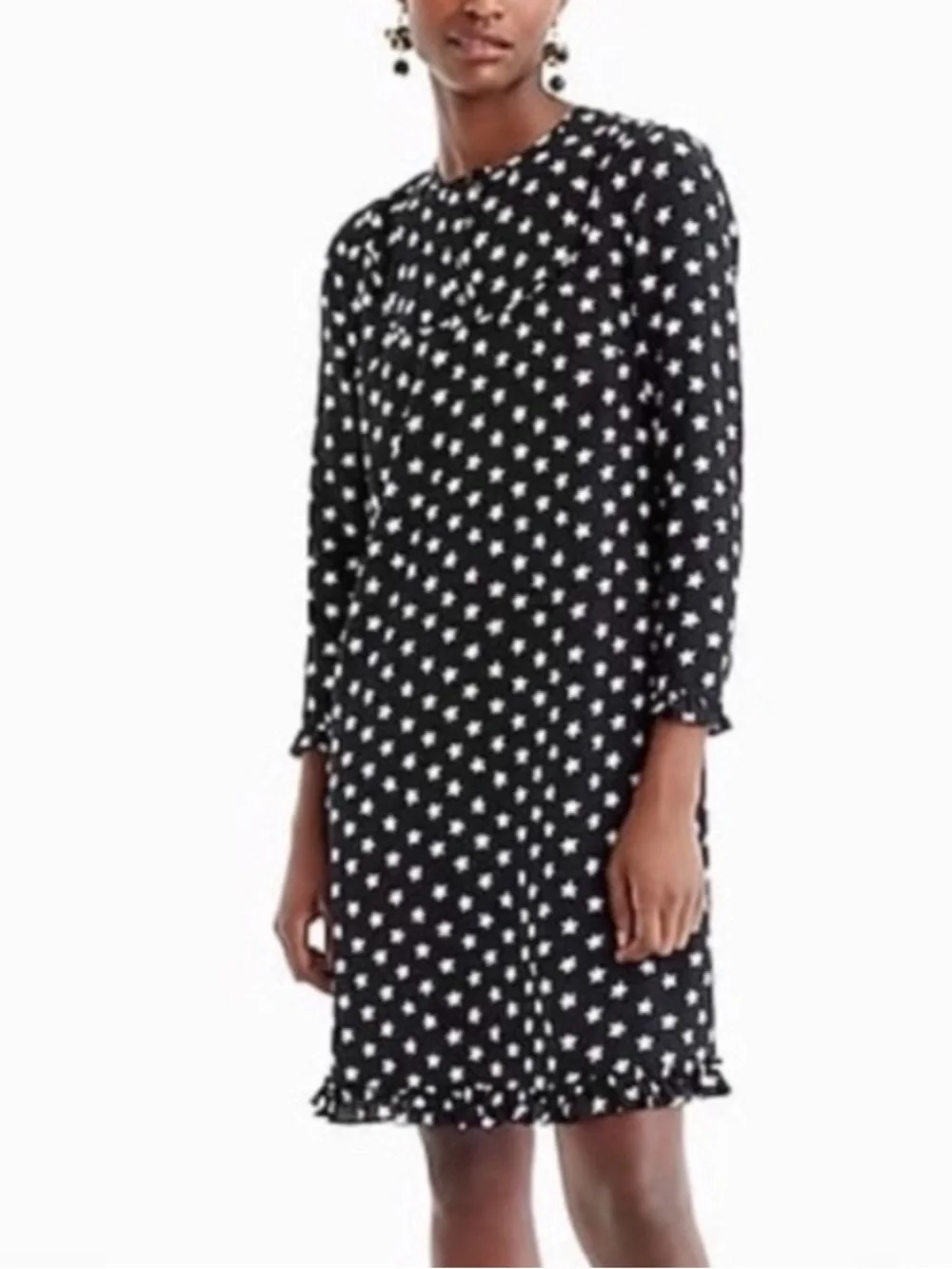 J. Crew Collection Black Silk Star Print Long Sleeve Ruffle Trim Shift Dress 4